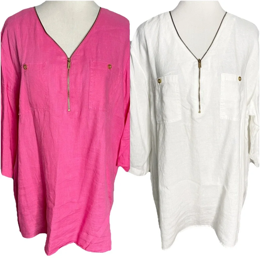Lot Of 2 Company‎ Ellen Tracy Linen Tunic Tops Sz XL Pink White Gold Zip